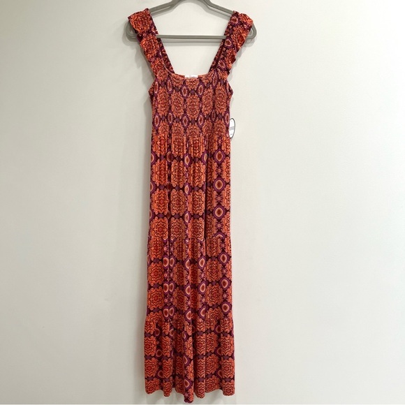 Soma Weekend Medallion Ruffle Sleeve Maxi Dress Pockets Built in Bra Smocked SM - Picture 3 of 12